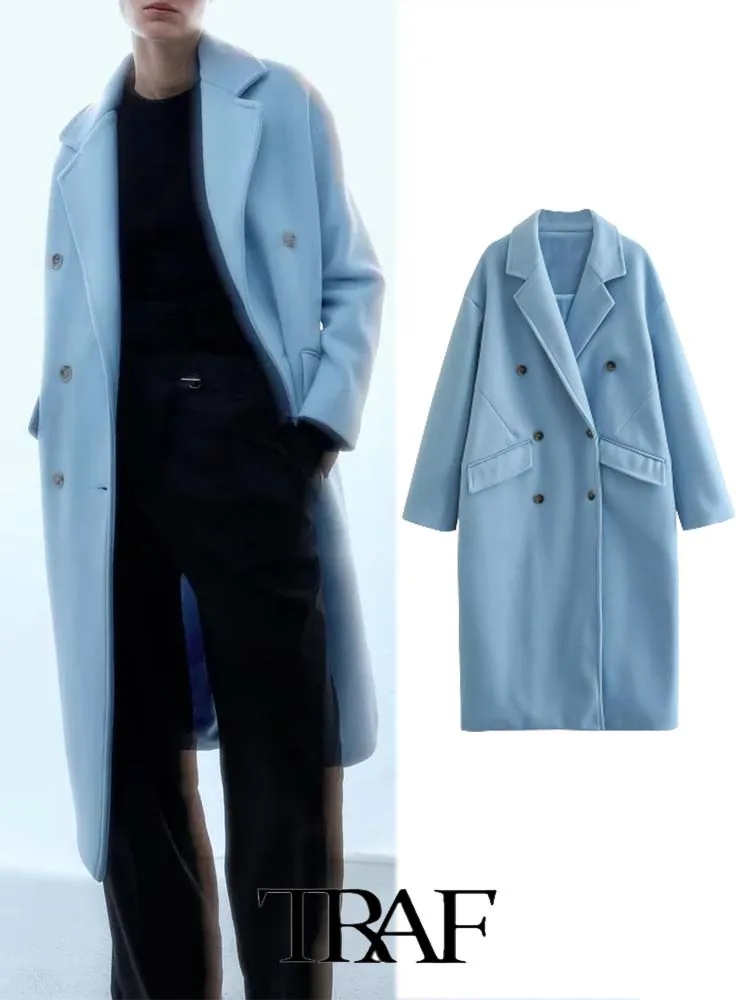 

TRAF 2023 Overcoat Women Fashion Leisure New Solid Wool Loose Long Casual Coat Long Sleeve Female Outerwe