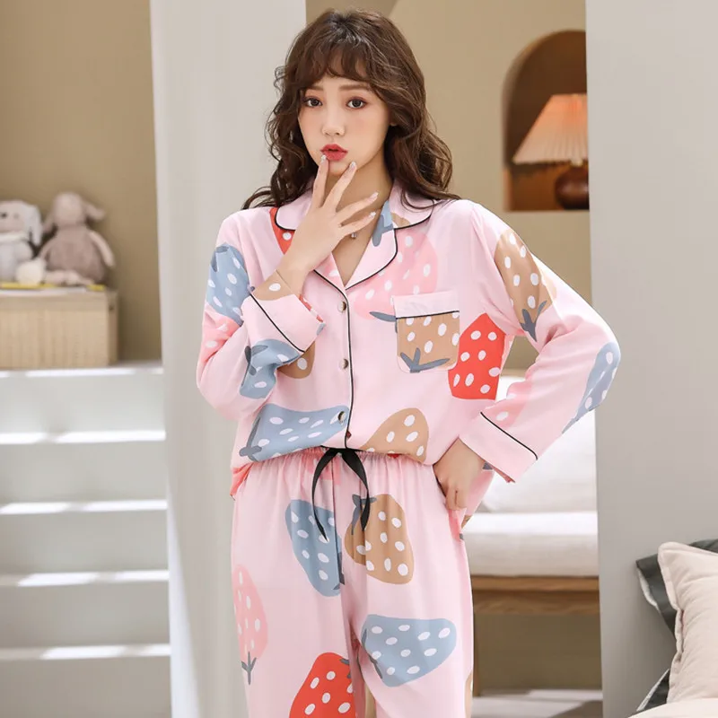 Flower Autumn Pajamas Set Sexy Sleepwear Women Full Sleeve Pyjama Women's Rayon Polyester Fashion Homewear Mom Clothes Set