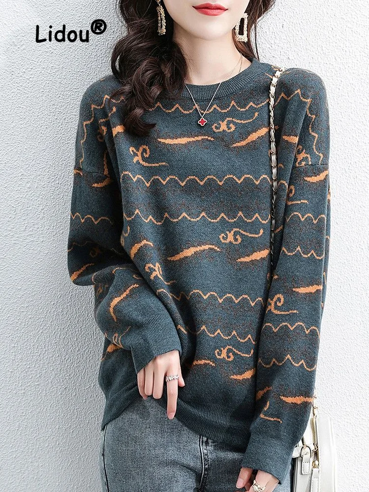 

Осенне-зимний Модный корейский жаккардовый женский новый классический трикотажный Универсальный пуловер с длинным рукавом и круглым вырезом 2022