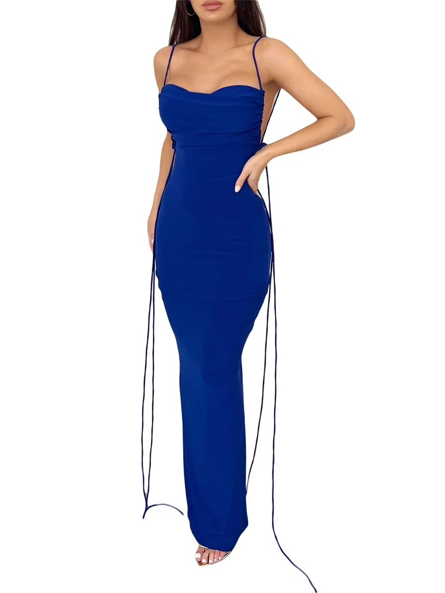 

Women Bodycon Long Dresses Sexy Open Back Elegant Dress Spaghetti Strap Beach Party Club Cocktail Dress