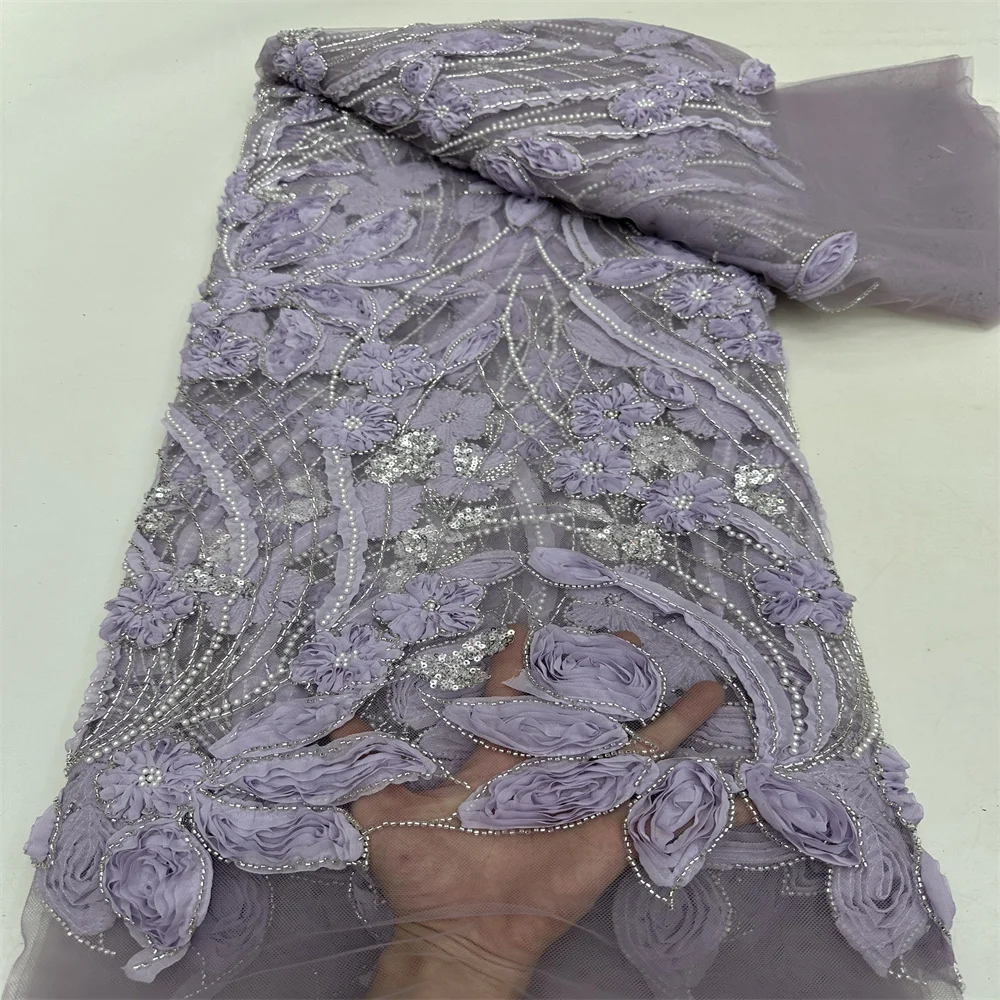2024 модная французская сетка 3D цветы вышивка бисер кружевная ткань с блестками