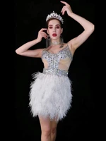 feathers dress sexy drag queen costumes sparkle crystal rhinestones sequin dresses women dance stage clothing bar nightclub