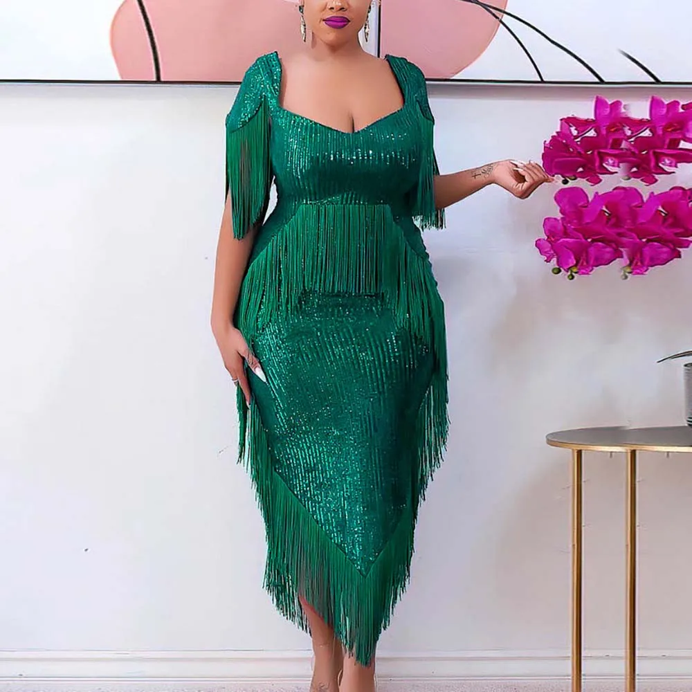

Party Dress Green Banquet Temperament Irregular Sexy Tassel Sequin Dress For Women 2022 Summer New Formal Celebrity Event