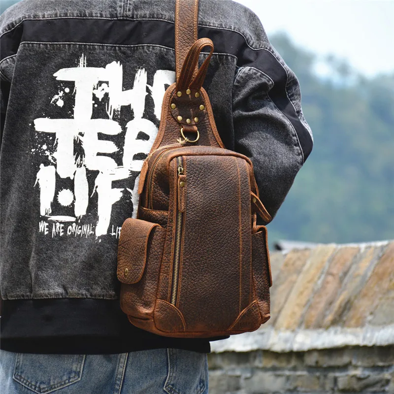 Retro Fashion Crazy Horse cowhide Men Chest Bag Simple Casual Outdoor Work Weekend Travel Teenager genuine leather Messenger Bag