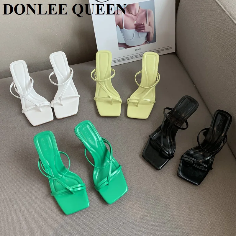 

Fashion High Heels Slippers Women Sandals Slip On Slide Candy Color Summer Shoes Elegant Narrow Band Slipper Party Wedding Mujer