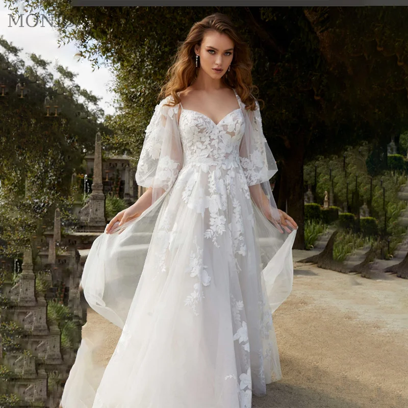 

MONICA A-LINE Wedding Dress 2022 V-neck Sleeveless Appliques Bridal Gowns Floor-Length Court Train Vestido De Novia Custom Made