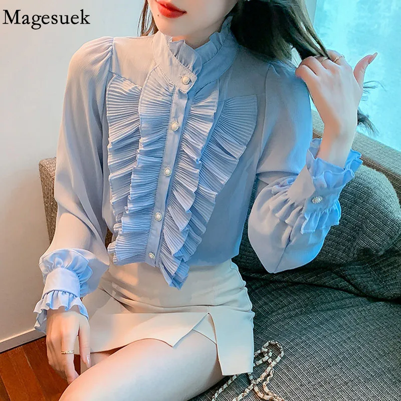 

2022 Ruffle Patchwork Korean Fashion Shirts Ladies Chiffon White Blouse Elegant Stand Collar Long Sleeve Women Tops Blusas 19310