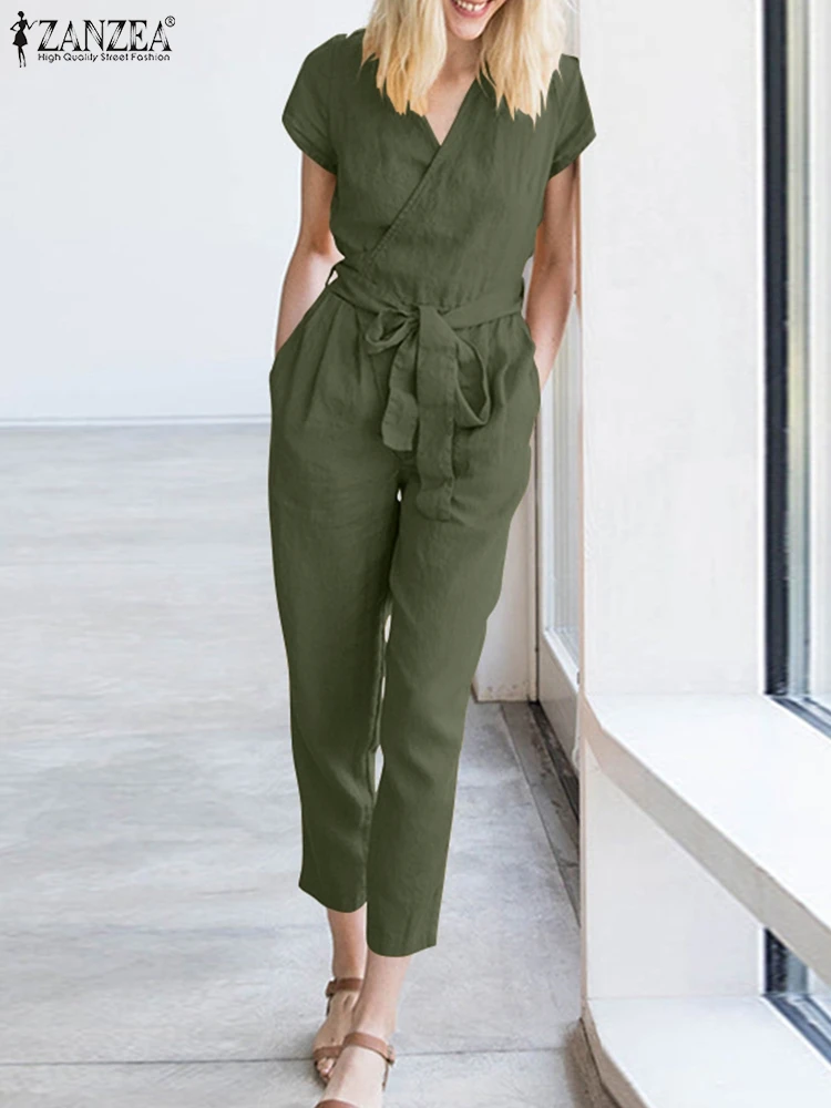 

2022 ZANZEA Femme Casual Loose Party Work Pants Women Summer Vintage Jumpsuit V-Neck Short Sleeve Solid Color Lace-Up Rompers