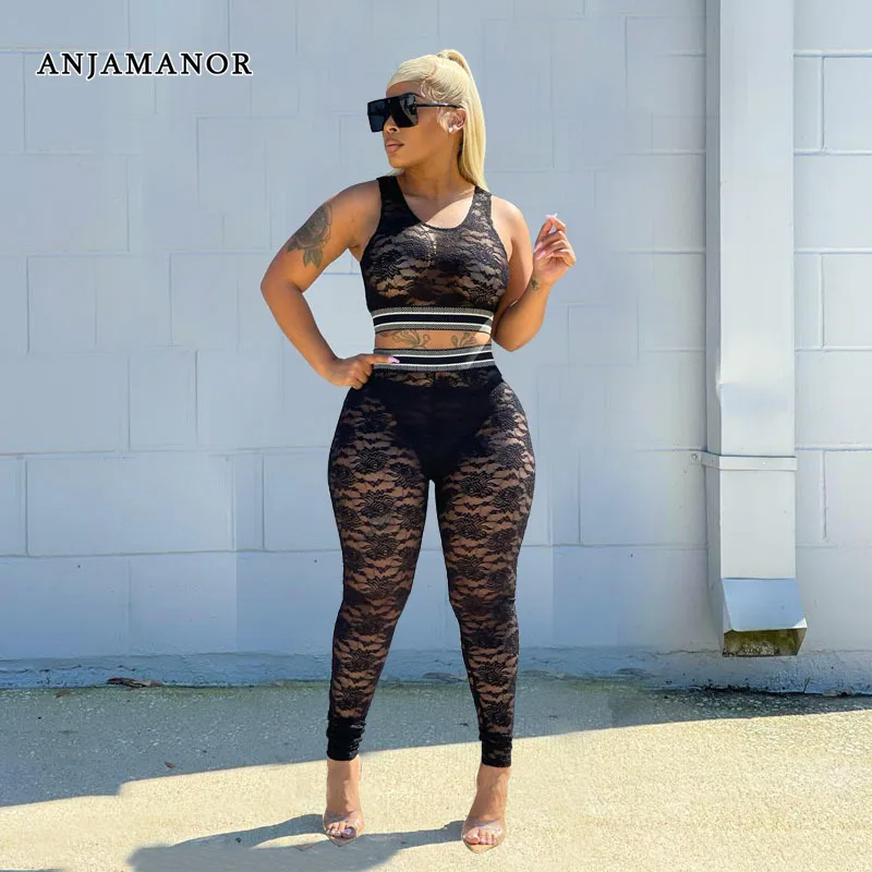 

ANJAMANOR Black Lace Summer 2 Pieces Set for Women Sexy See Through Outfits Crop Top and Pants Matching Sets Club Wear D22-DB23