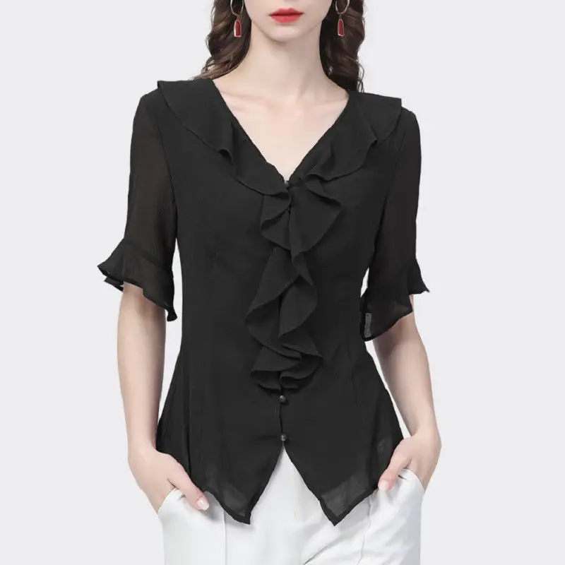

Summer Women Elegant Chiffon Blouse Urban Fashion Slim Office Wear Cardigan Short Sleeve V Neck Solid Ruffles Women's Shirt 2022