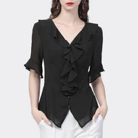 summer women elegant chiffon blouse urban fashion slim office wear cardigan short sleeve v neck solid ruffles womens shirt 2022