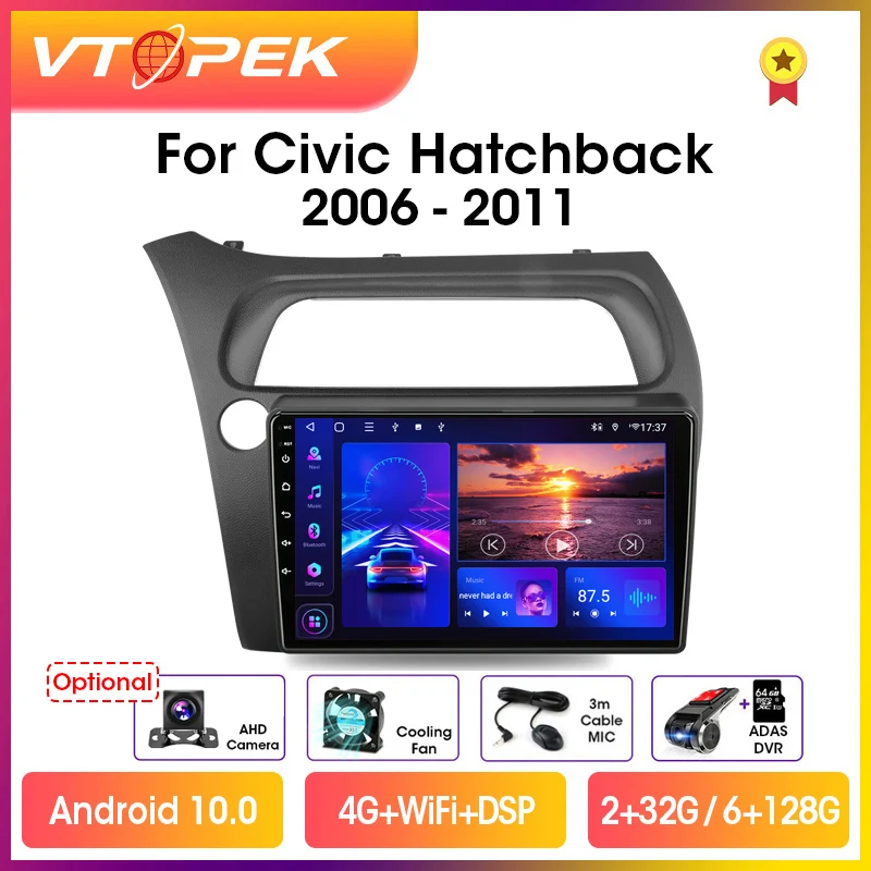 vtopek 9 4g carplay dsp 2din android 10 0 car radio multimidia video player navigation gps for honda civic hatchback 2006 2011 free global shipping