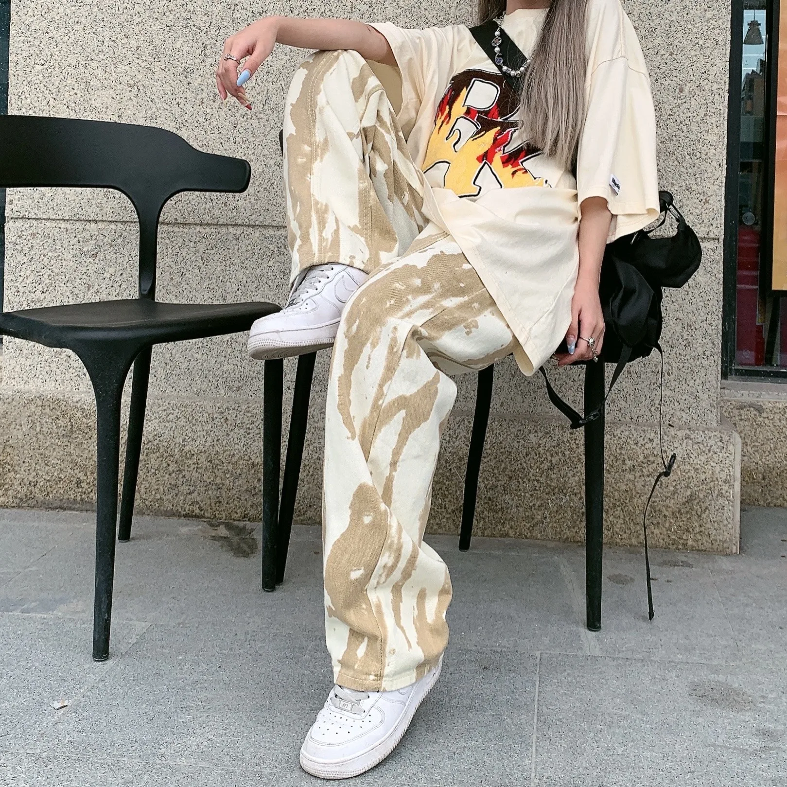 Tie-dye European and American Hot Girls Retro Jeans Female Small Wide Leg Straight Loose High Waist Mopping Pants Ins