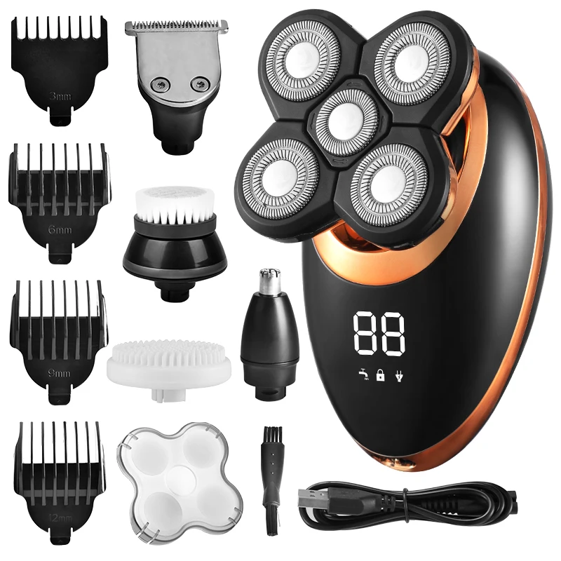 

5 in 1 High Quality IPX7 Men's Electric Shaver Portable Beard Trimmer Hair Clipper USB Rechargeable Waterproof LCD Bald Razor