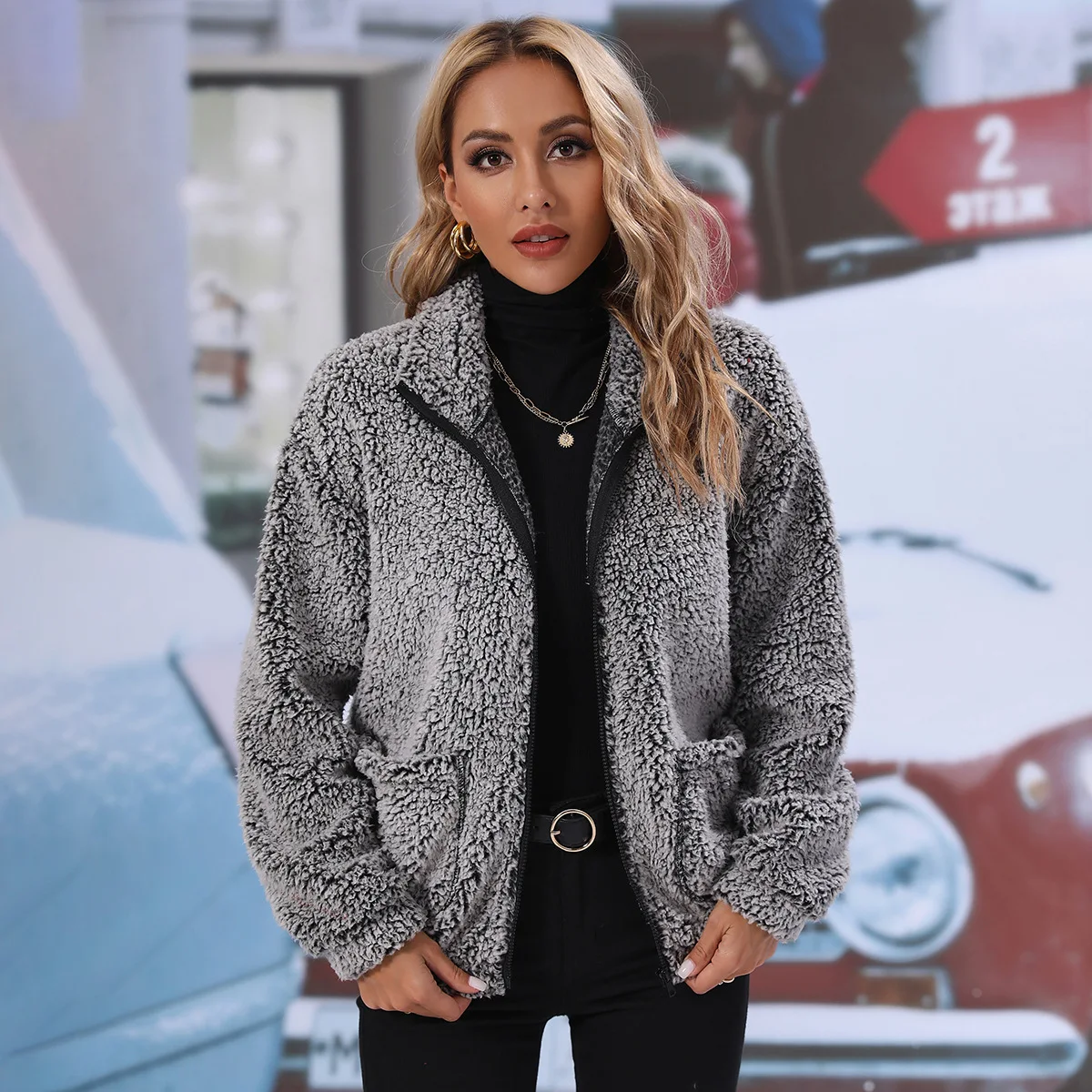 Gray Fleece Jacket For Women Plush Thicken Outerwear Designer Long Sleeve Zipper Fly Outcoat Winter Jacket Lady 2023 Parkas Coat