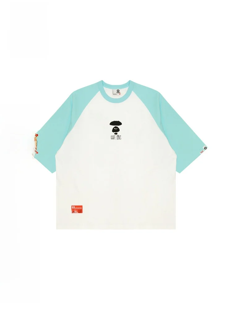 AAPE Men's Clothing Autumn Ape Face Letters Print Raglan Contrast Color Trendy Casual Loose 3/4 Sleeve T-shirt 482xam