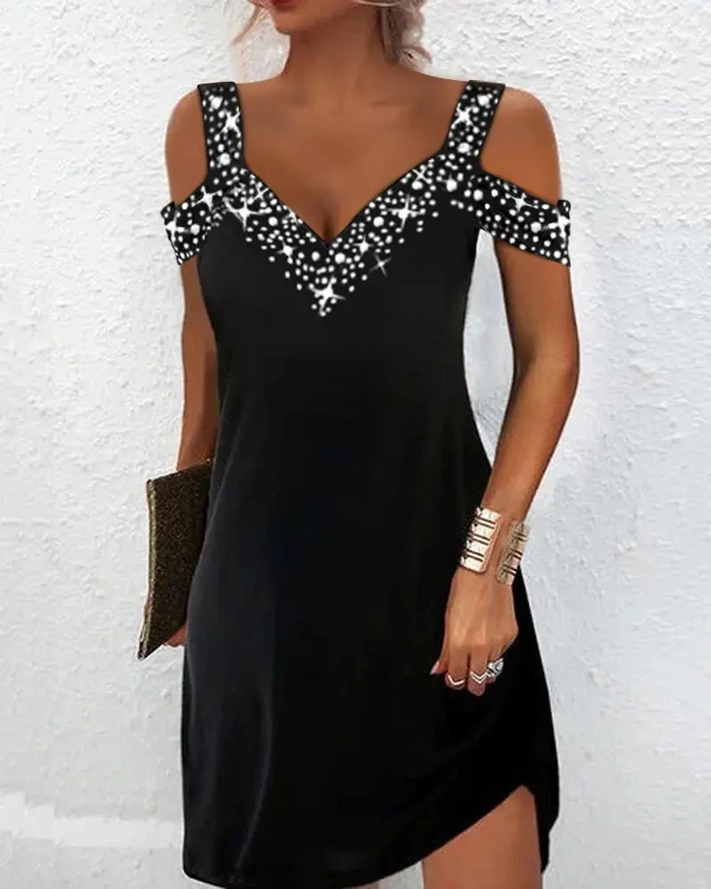 

Rhinestone Decor Cold Shoulder Dress Women Summer Casual Black Dress