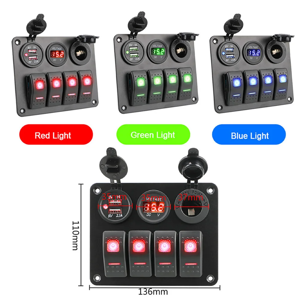 

4 Gang Rocker Switch Panel Outlet Combination Switch + 3.1A Car Charger + Power Socket for 12V-24V Marine Boat Bus RV Yacht
