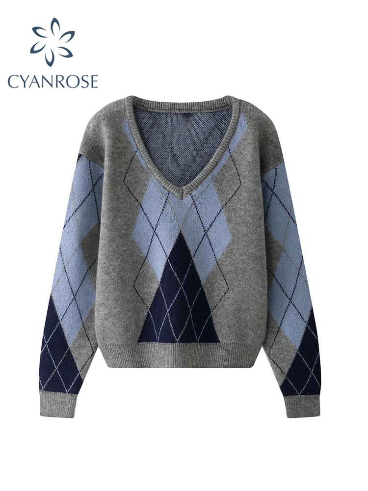

Women Grey Checked Pullover Knitted Sweater Fashion Kawaii Long Sleeve V-Neck Uniform Sweater Korean Jumper Y2k Vintage Clothes