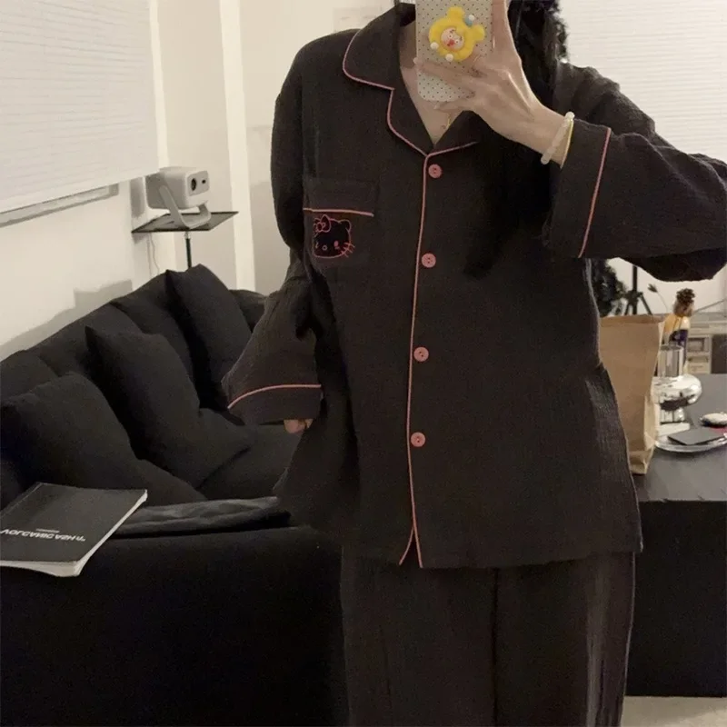 Sanrio Cotton Gauze Pajamas Hello Kitty Women's Pure Cardigan Long-sleeved Trousers Plaid Home Wear Two-piece Set