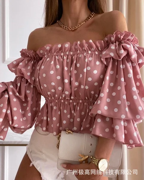 

Popular Polka Dot Print Off Shoulder Frill Hem Peplum Top Women Long Flare Sleeve Slash Neck Polka Dot Strapless Fashion Sexy