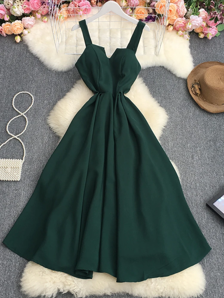 

YIYANSHI New A Line V Neck Chiffon Pullover Mid-Calf Women Dresses Vintage Spring Autumn Solid Slim Sleeveless Lady Dress