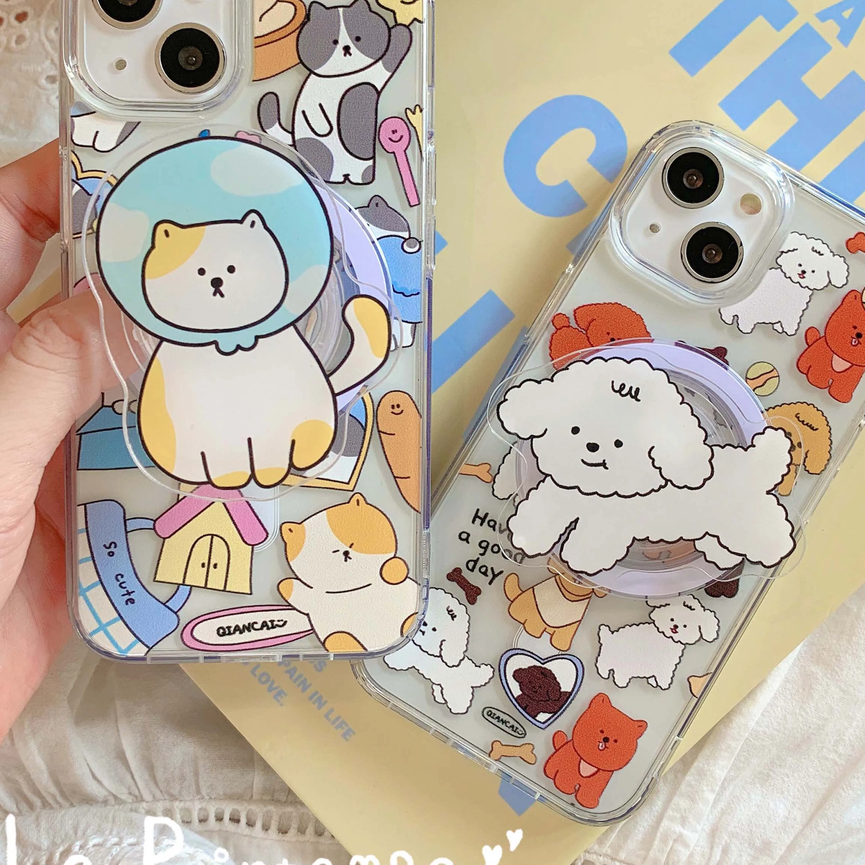 Магнитный чехол-подставка для телефона с изображением пары мультяшных кошек