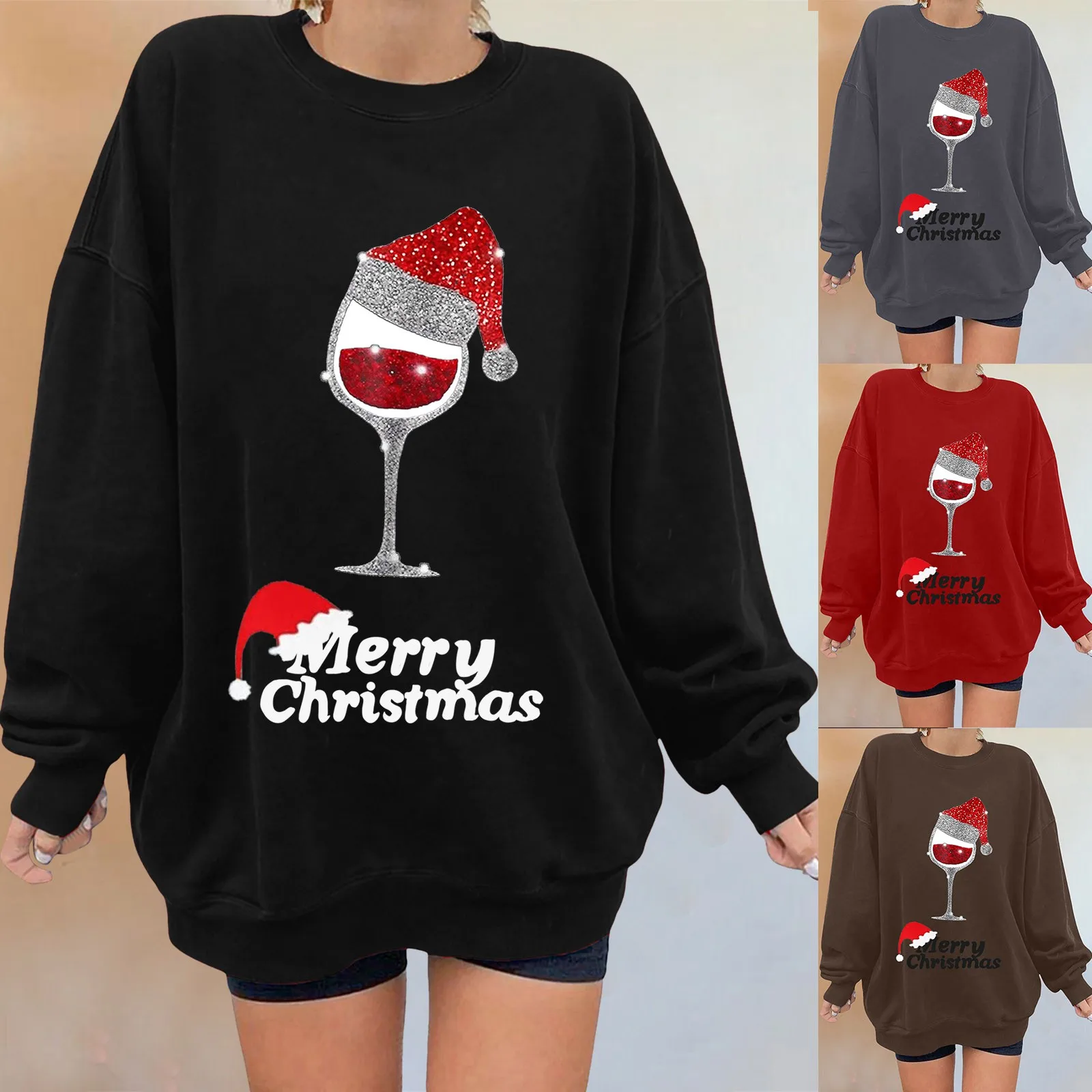 

Womens Casual Hoodless Sweatshirt Christmas Wine Glass Print Long Sleeve Pullover Sweatshirt Comfy Dressy Sweatshirt