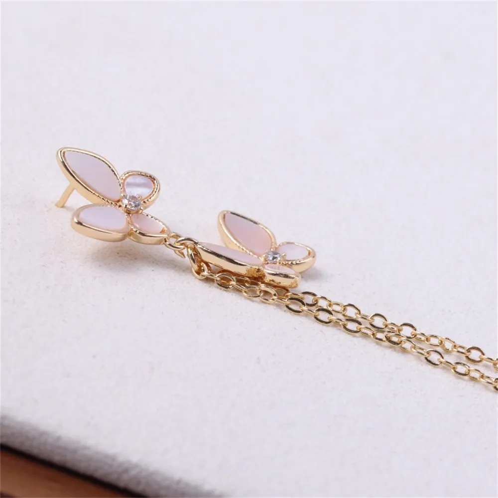 Copper-plated 18K Gold Butterfly Shell Tassel Long Pearl Empty Earrings DIY Temperament S925 Silver Needle Accessories Female
