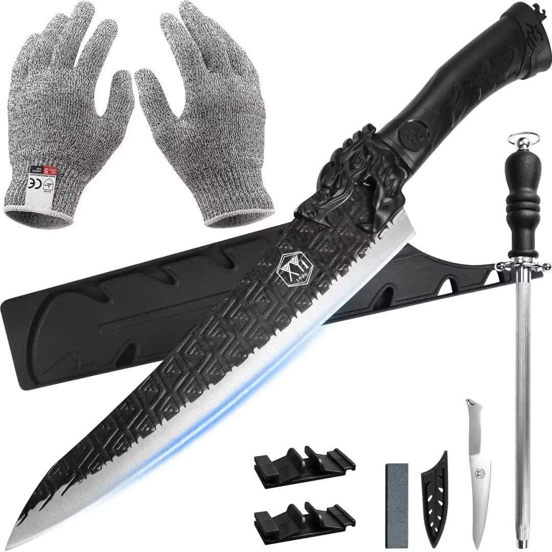 

XYj Slaughter Cutting Knife With Sharpener Stick Tiny Knives Whetstone Camping Chef Knives Outdoor BBQ Slicer Knife Full Tang