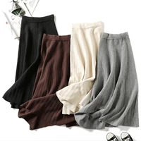korean autumn winter knitted skirt women 2022 new casual warm pleated skirt female beige gray elegant thick midi skirts