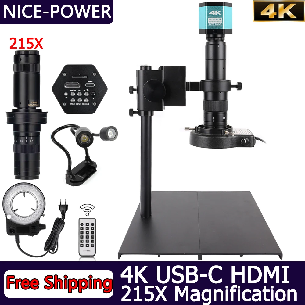 Цифровой микроскоп HDMI с 215-кратным увеличением 4K USB-C и бесплатным оборудованием