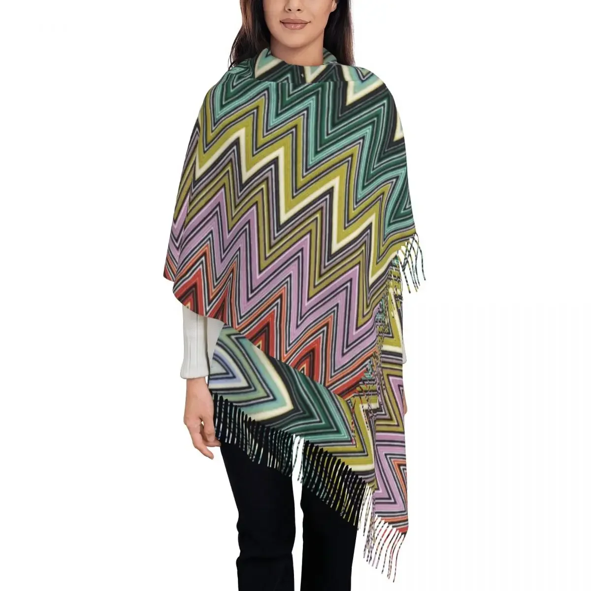 

Luxury Boho Home Zig Zag Tassel Scarf Women Winter Warm Shawls Wraps Ladies Chic Abstract Geometric Zigzag Scarves