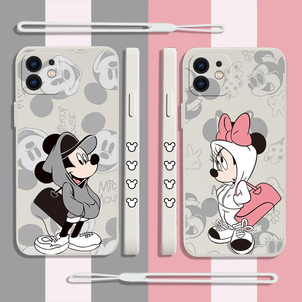 

Fashion Disney Mickey Minnie Mouse Phone Case For iPhone 13 12 14 11 Pro Max Mini X XR XS 8 Plus Silicone Cases with Hand Strap