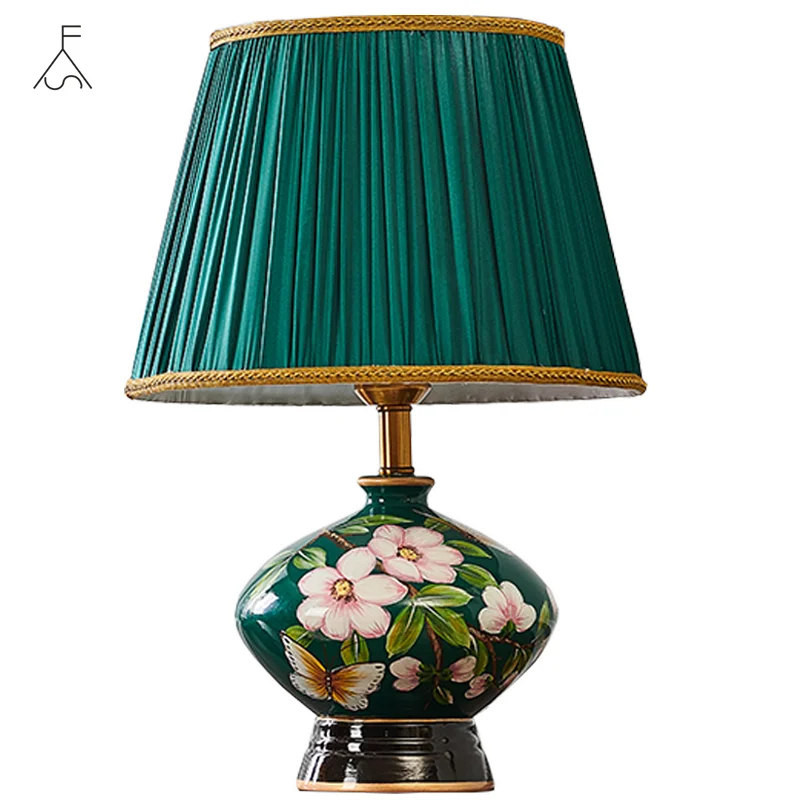 

Chinese Style Rural Flower Art Ceramic Table Lamps Fashion Romantic Fabric E27 LED Lamp for Bedside&foyer&studio&tea Room XF001