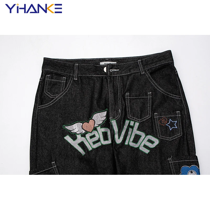 YHK Retro Pockets Letter Embroidery Vibe Style Casual Mens Denim Trousers Streetwear Straight Washed Loose Jeans Pants Oversized