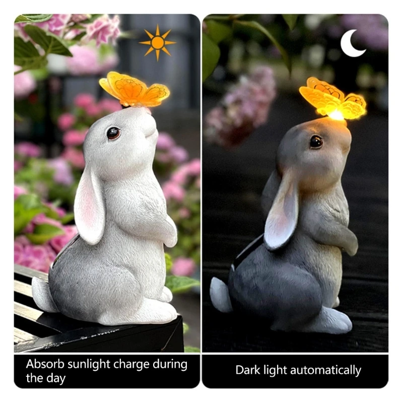 Garden Statue Outdoor Decoration Dog Rabbit with Solar  Light for Patio Yard Ornaments Resin Animal Figurine