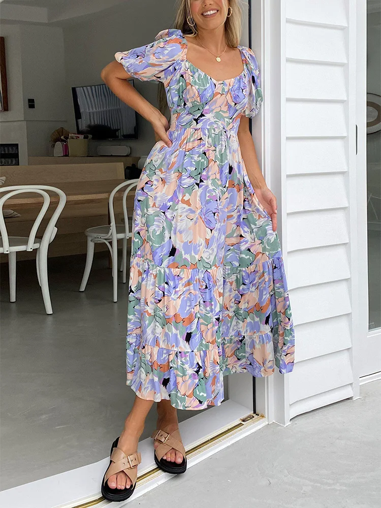 

Женское платье с коротким рукавом-фонариком, длинное Пляжное Платье макси с многоярусным подолом и цветочным принтом для отпуска, лето 2022