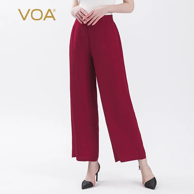 (Clearance Sale)VOA Silk Purplish Red Jacquard Elastic Waist Fine Workmanship Long Skin-Friendly Simple Wide Leg Pants K431