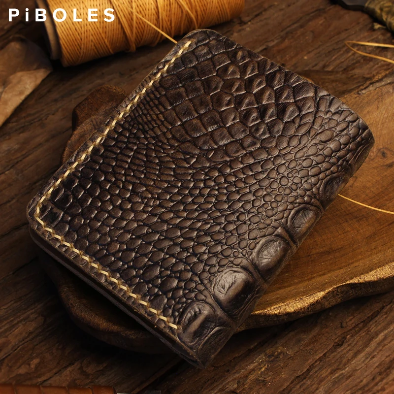 Handmade Genuine Leather Men's Wallet Women's Wallet Crocodile Pattern Short Wallet Male's Purse With 6 Credit Card Slots Money