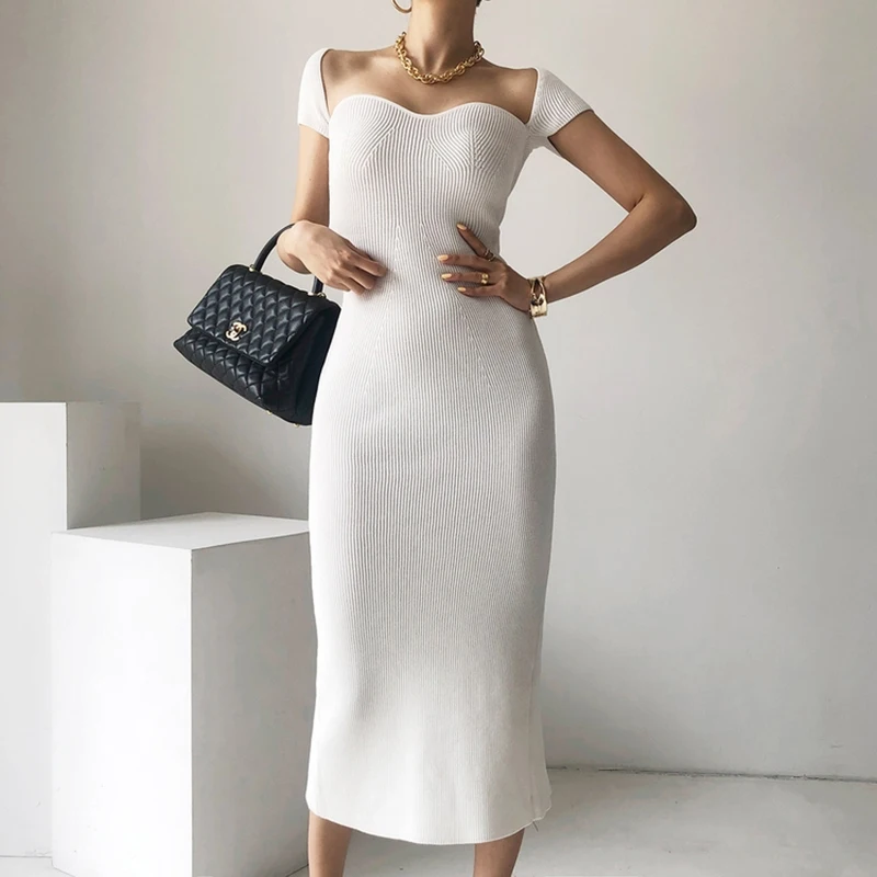 

2022 Summer New Vintage Women Dress Elegant Tube Top Stretch Slim Ice Silk Robe Femme Slit Knitted Bodycon Vestido Midi Mujer