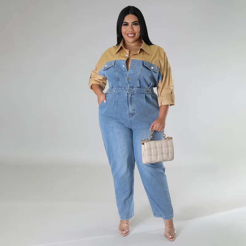 Plus Size Women Clothing Plus Size Jumpsuit Office Lady Turn-down Collar Button Long Sleeve Color Contrast Ankle-Length Full
