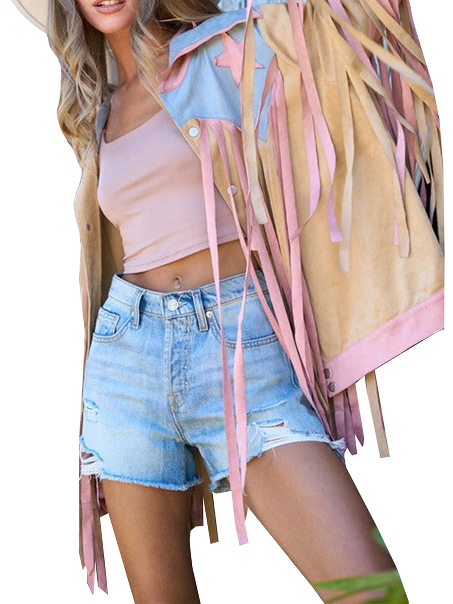 

Women s Fringe Jackets Long Sleeve Button Down Star Pattern Patchwork Cowgirl Jackets