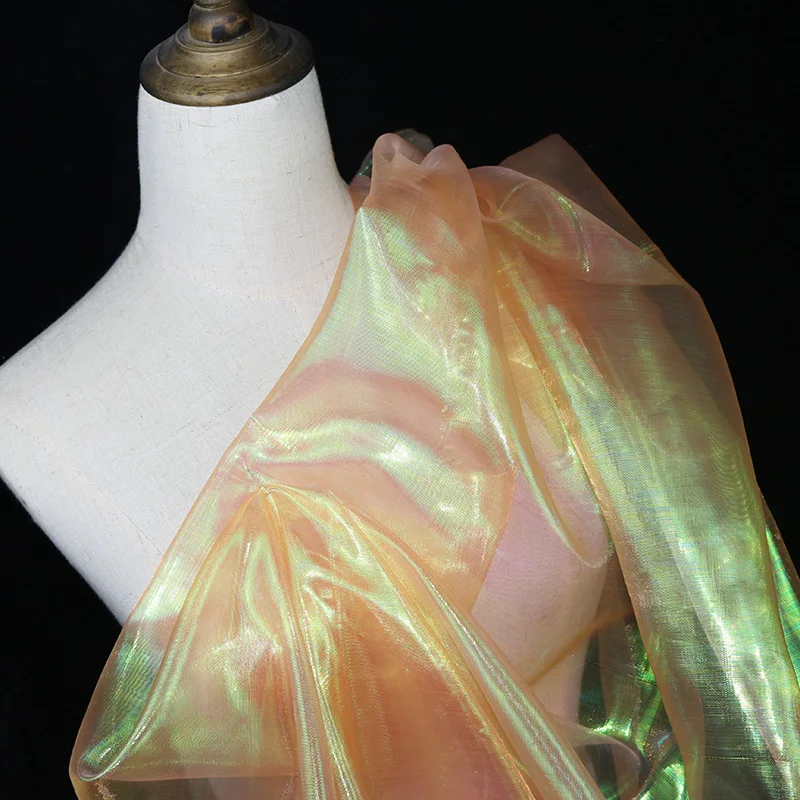 

Fashion Designer Fluorescent Transparent Fabrics Colorful Shiny Gauze Mesh Fabric Stage Wedding Decor Tulle Material per meter
