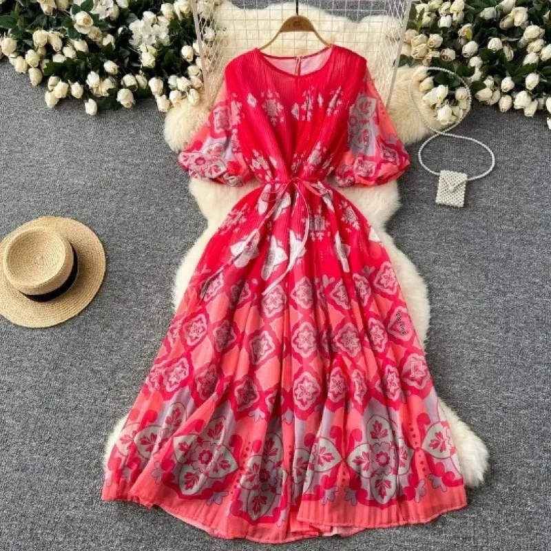 Модный европейский и американский стиль рукав-фонарик круглый вырез принт