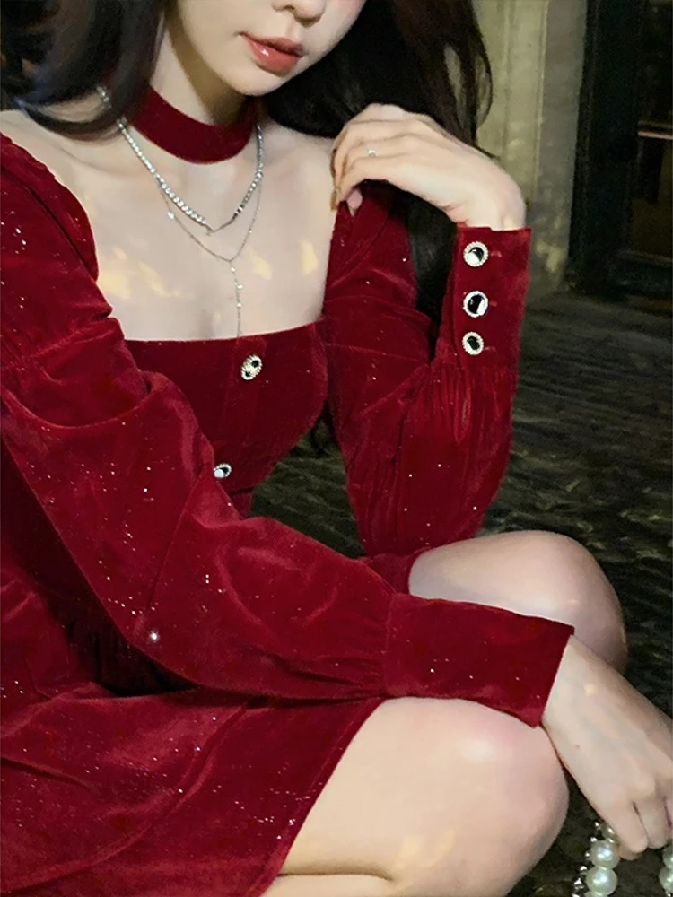 

Elegant One Piece Dress Korean Fashion Slim 2022 Winter Long Sleeve Vintage Mini Dress Casual Pure Color Short Party Dress Woman