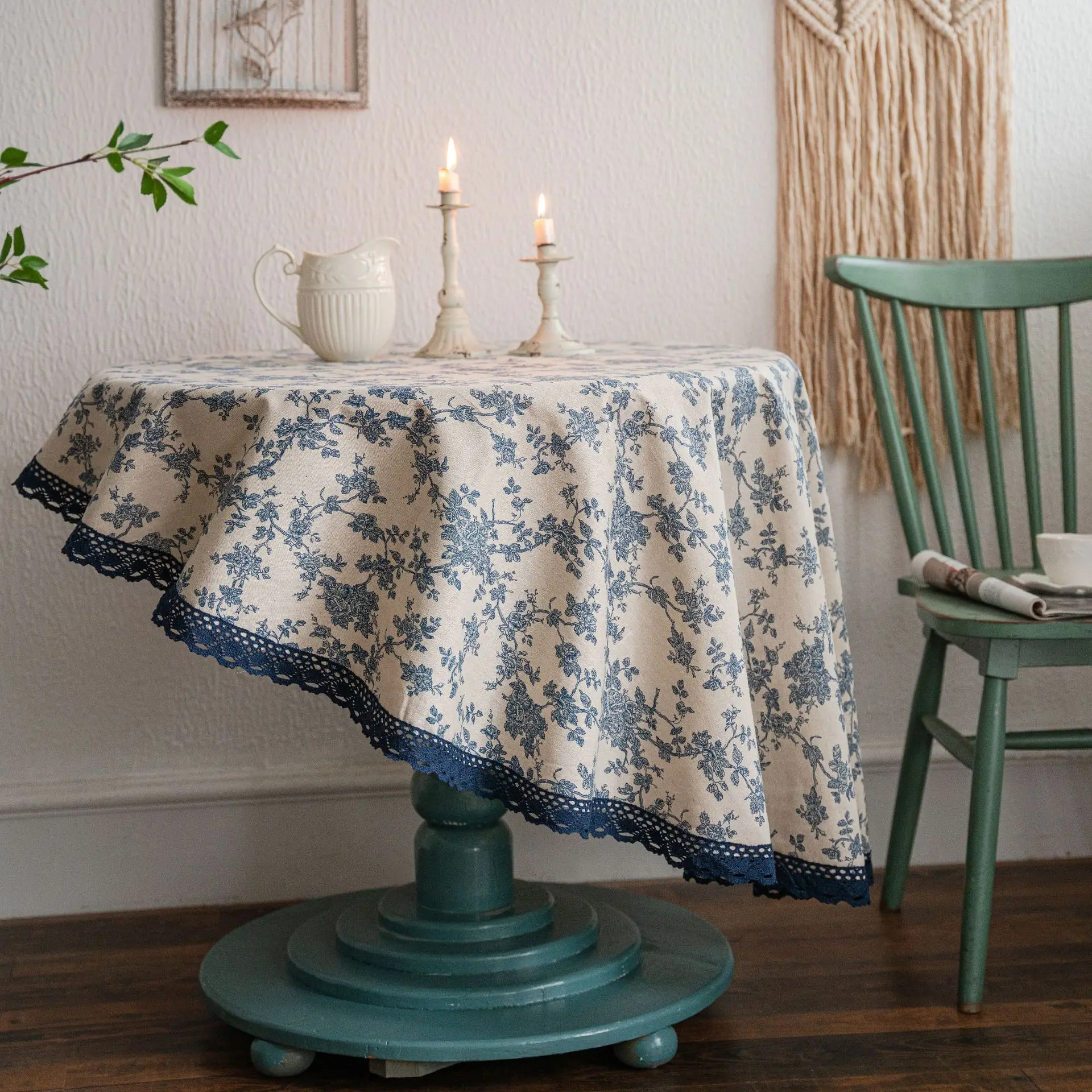 Blue Rose Printed Tablecloth Table Cloth Pastoral Cotton Linen Retro Round Cover for Dining Party Home Decoration |