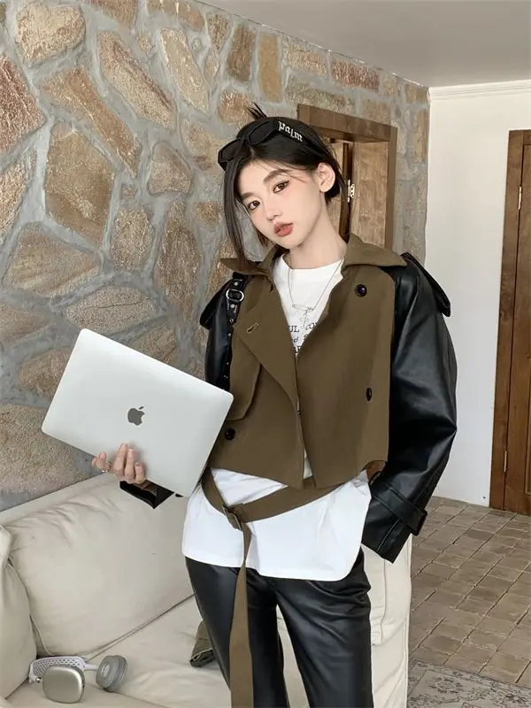 Американская ретро контрастного цвета сращенная куртка из искусственной кожи