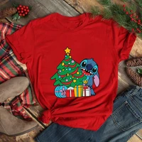 merry christmas tree stitch gift printed t shirt femme kawaii harajuku fashion disney french xmas clothes short sleeve red tops