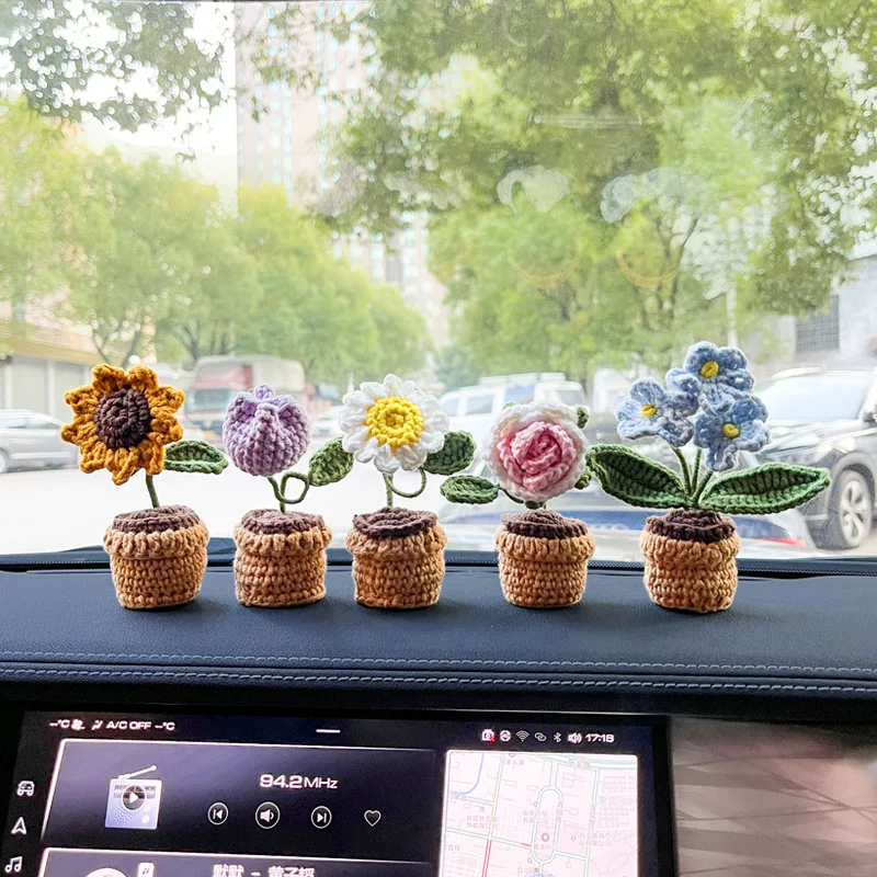

Auto Ornament Hand Woven DIY Rose Sunflower Potted Flower Bouquet Wool Product Homemade Car Decorations Gift Kawaii Accessories